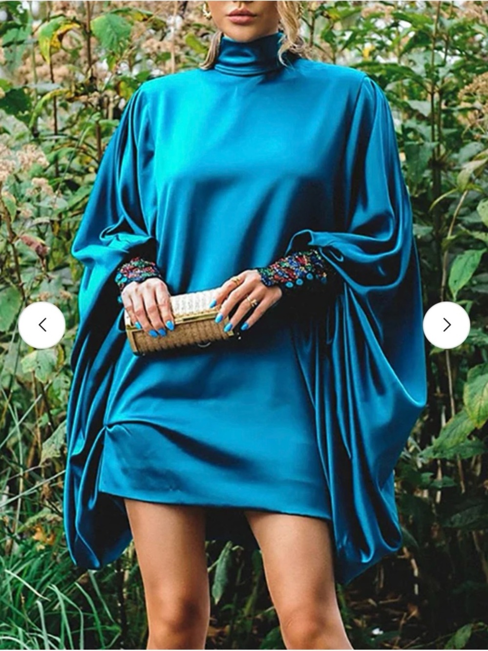 Teal Satin High-Neck Mini Dress with Embellished Cuffs